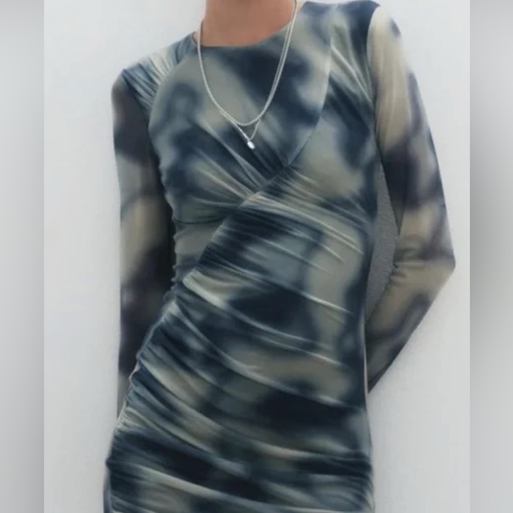 Zara Blue and Gray Long Sleeve Tulle Bodycon Dress
